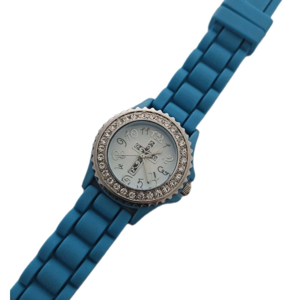Geneva Women Blue Cross Silicone Watch Bling Rhinestone Bezel Fresh Battery New